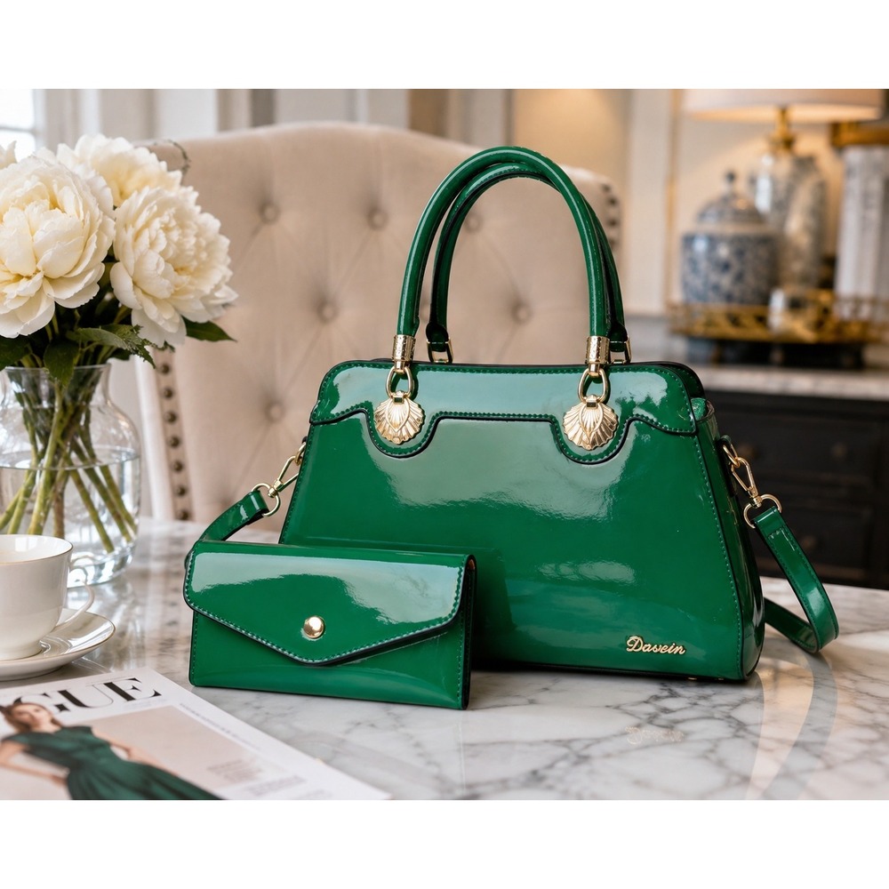Davein Green Patent Faux Leather Satchel Handbag and Wallet Set Gold Hardware